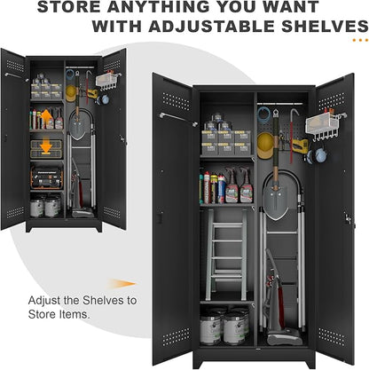 Metal Locking Cabinet, 72.8" Tall Storage Cabinet for Broom, Garage Storage Cabinet with Doors and Shelves, Heavy Duty Tool Cabinet for Home Office, School, Basement,Gym