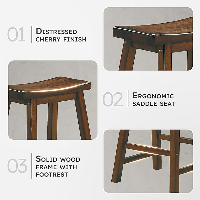 Lexicon Finnian Saddle Solid Wood Stool Set of 2 - Saddle Kitchen Stool Dining Height Stools for Dining, Armless Counter Chair Seating, Perfect Casual - 17.5" SH Distressed Cherry