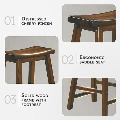 Lexicon Finnian Saddle Solid Wood Stool Set of 2 - Saddle Kitchen Stool Dining Height Stools for Dining, Armless Counter Chair Seating, Perfect Casual - 17.5" SH Distressed Cherry