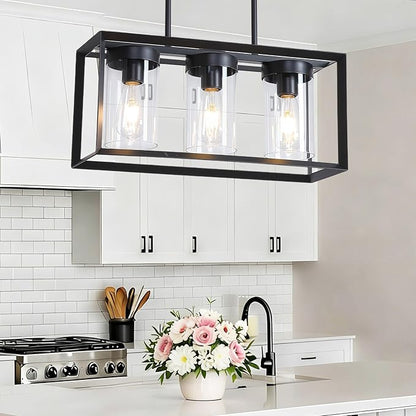 Black Rectangle Farmhouse Chandeliers, 3-Light Modern Linear Dining Room Light Fixture with Clear Glass Shades, Kitchen Island Lighting Fixtures Over Table Ceiling Hanging Pendant Lights
