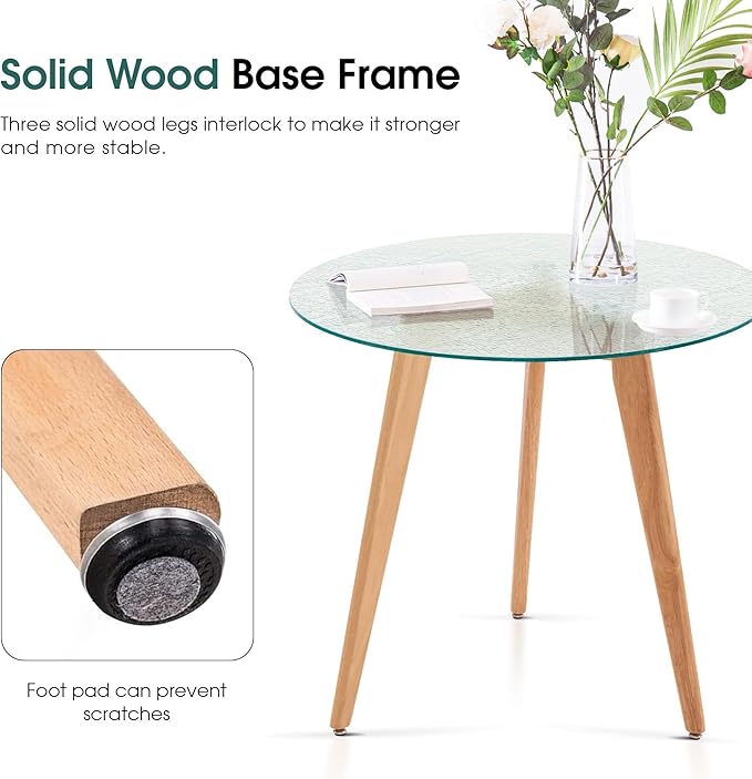 ivinta Round Glass Dining Table for 2-4 People, 31.5" Modern Kitchen Table with Wood Legs for Dining Room Living Room Small Spaces, RD80 (Natural)