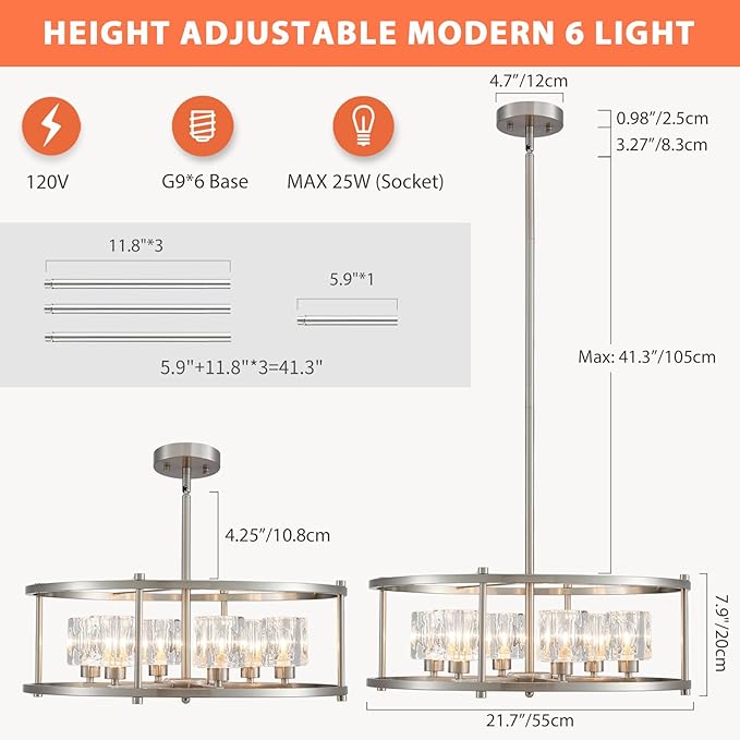 21.7“ Brushed Nickel Chandeliers for Dining Room Over Table Round 6-Light Farmhouse Pendant Lighting Fixtures Drum Ceiling Lights for Living Room Bedroom Home Office