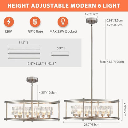 21.7“ Brushed Nickel Chandeliers for Dining Room Over Table Round 6-Light Farmhouse Pendant Lighting Fixtures Drum Ceiling Lights for Living Room Bedroom Home Office