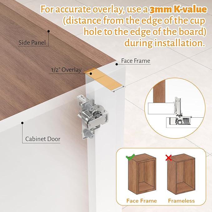 Chibery 30 Pack 1/2" Overlay 3D Soft Close Concealed Hinge for Face Frame Door, Self Closing Hinges, 105° Smooth Slow Close Quite, Hidden Stainless Steel Hinge for Kitchen Cabinet Door, Satin Nickel