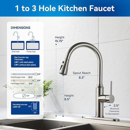 Arofa Kitchen Faucet with Pull Down Sprayer, Brushed Nickel Kitchen Sink Faucet 1-3 Hole Single Handle High Arc Stainless Steel Commercial Modern Kitchen Faucets for RV/Laundry/Outdoor/Bathroom Sink