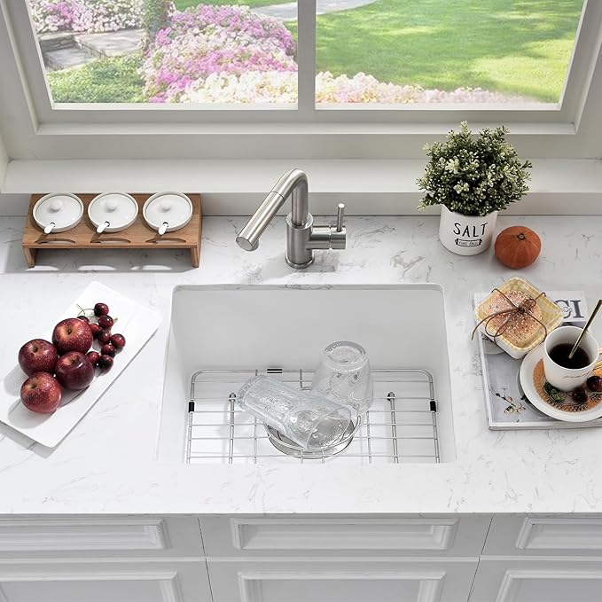 22 Inch Undermount Bar Sink White-Bokaiya 22x17 Small Kitchen Sink White Quartz Wet Bar Sink with Faucet Outdoor RV Single Bowl Kitchen Sink