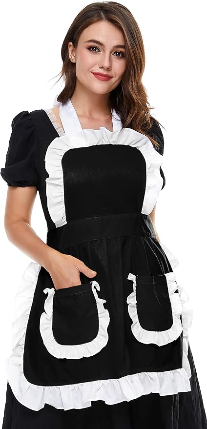 Women's Ruffles Outline Retro Pockets Apron Kitchen Cooking Cleaning Maid Costume (Black)