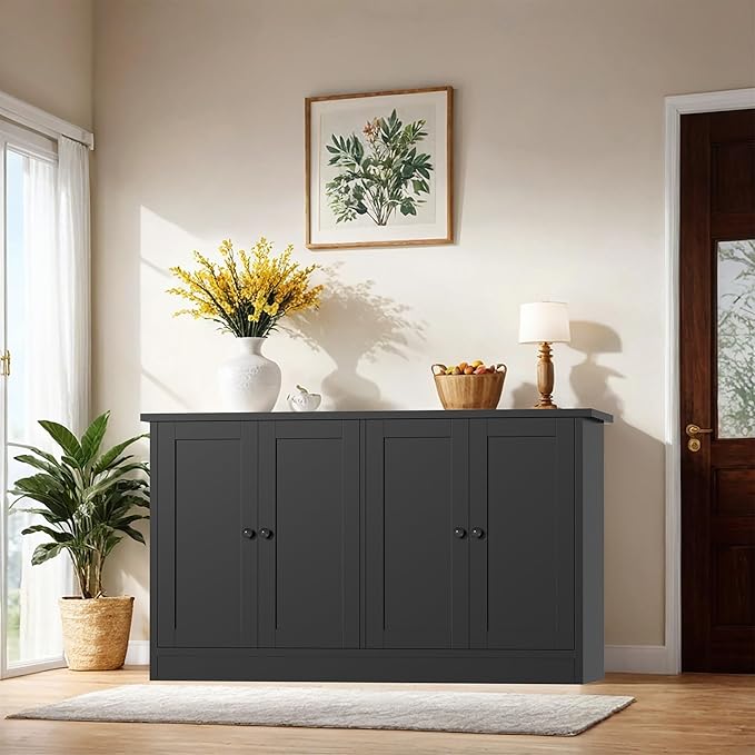 holzart Black Buffet Cabinet with Storage, 49" Modern Kitchen Sideboard with 4 Doors & Adjustable Shelves, Wood Coffee Bar Cabinet Console Table for Dining Room, Living Room, Entryway
