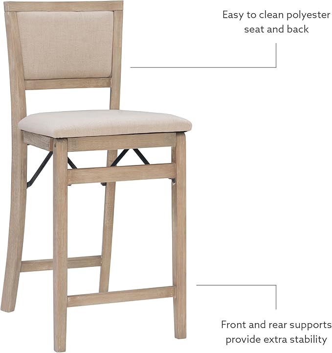 Linon Keira Natural Rustic Wooden Folding 25 Inch Seat Height Counter Stool with Beige Upholstered Seat and Back