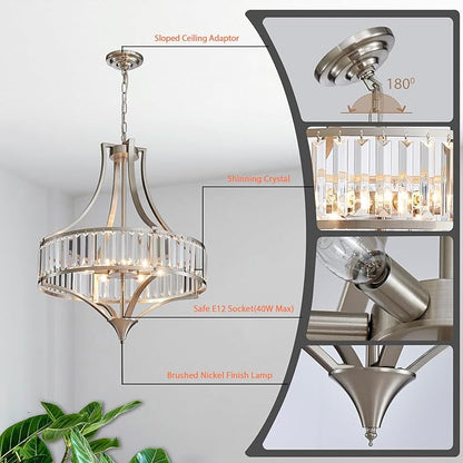 Brushed Nickel Chandeliers for Dining Room, Rustic Farmhouse Crystal Chandelier with Round Metal Shade, Modern 6-Light Large Light Fixture for Hallway, Bedroom, Foyer
