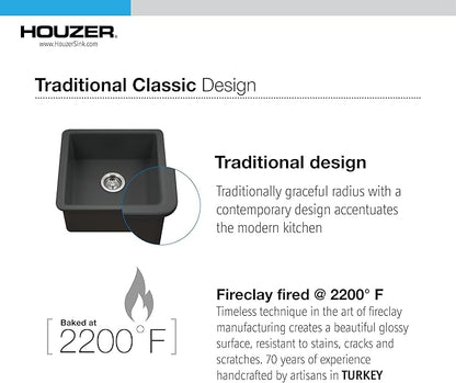 Houzer Platus 20 inch Black Fireclay Undermount Square Single Bowl Bar Sink - PTB-2020 BL