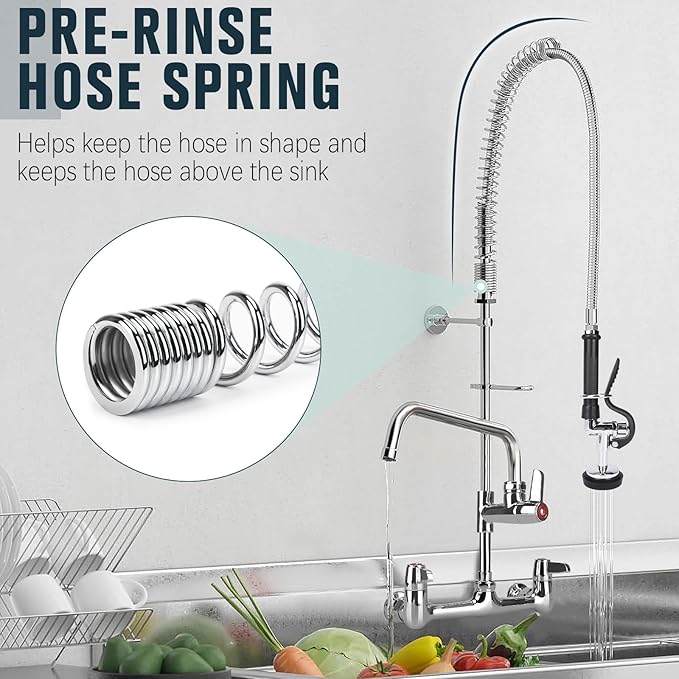Commercial Faucet with Sprayer, 36 Inch Height Commercial Sink Faucet Wall Mount with 8" Adjustable Center and 12" Add-on Swing Spout & Pull Down Pre Rinse Sprayer