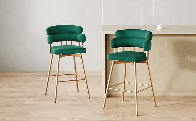26" Counter Height Bar Stools Set of 2, 180° Swivel Upholstered Bar stools with Backs and Metal Legs, Bar Stools for Kitchen Island, Cafe, Pub,Green