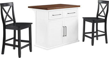 Crosley Furniture Bartlett Kitchen Island with Wood Top and X-Back Stools, White/Black