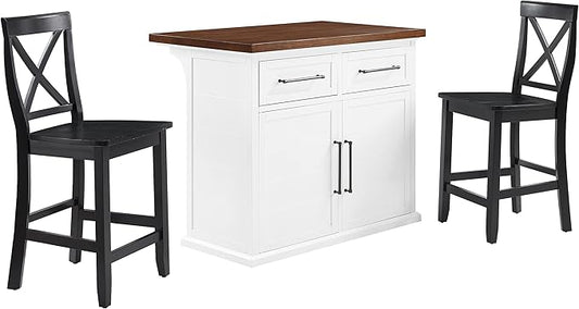 Crosley Furniture Bartlett Kitchen Island with Wood Top and X-Back Stools, White/Black