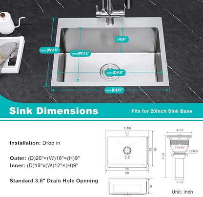 20-Inch Drop In Kitchen Sink Brushed Nickel- TSIBOMU 16 Gauge Stainless Steel Single Bowl Topmount Kitchen Sink with 1 Faucet Hole, D20"xW16"xH9"
