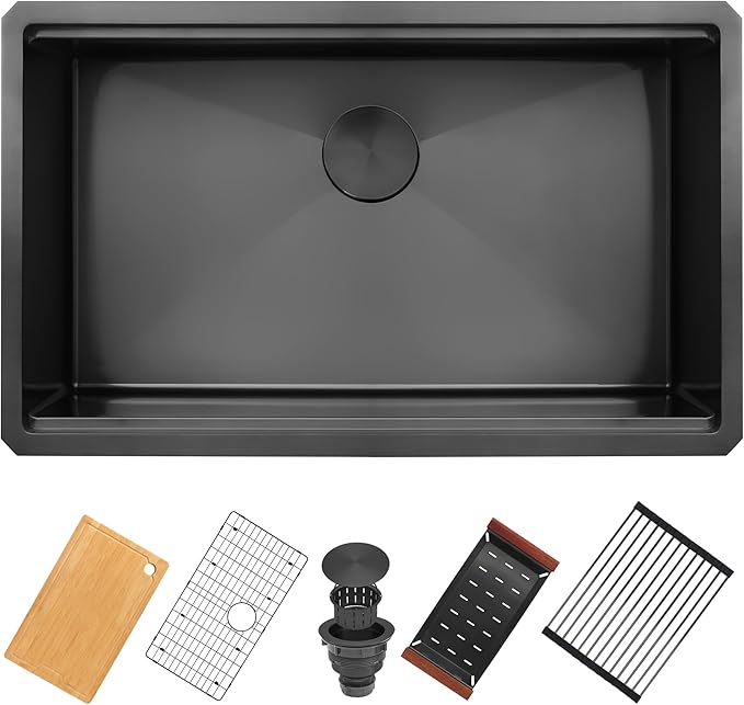 33x19 Inch Black Undermount Kitchen Sink, 16 Gauge 304 Stainless Steel Single Bowl Kitchen Sink, Workstation Sink with Accessories, 33x19x9 Large Deep Basin