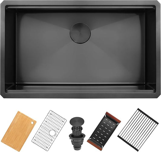 33x19 Inch Black Undermount Kitchen Sink, 16 Gauge 304 Stainless Steel Single Bowl Kitchen Sink, Workstation Sink with Accessories, 33x19x9 Large Deep Basin