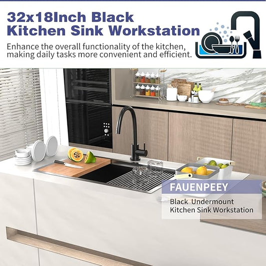 Black Kitchen Sink Workstation,32"x18" Stainless Steel Undermount Single Bowl Sink Built-in Ledge Drop In Workstation Sink Design For Placing/Sliding Accessories-Cutting Board,Drying Rack