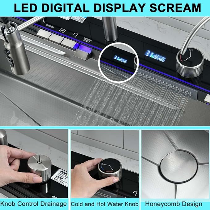 30 Inch Waterfall Smart Kitchen Sink -Wesliv 30x18 Waterfall Kitchen Sink Stainless Steel Digital Display Pull-Out Faucet 18 Guage Single Bowl Sinks with Cup Washer & Soap Dispenser