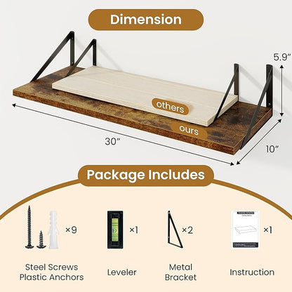 Acovy Deep Floating Shelves for Wall,30" Wx10 D Wood Floating Shelf Set of 2,Sturdy Metal Bracket Wide Display & Storage,Wall Mounted Hanging Floating Shelves for Living Room,Bedroom,Rustic Brown