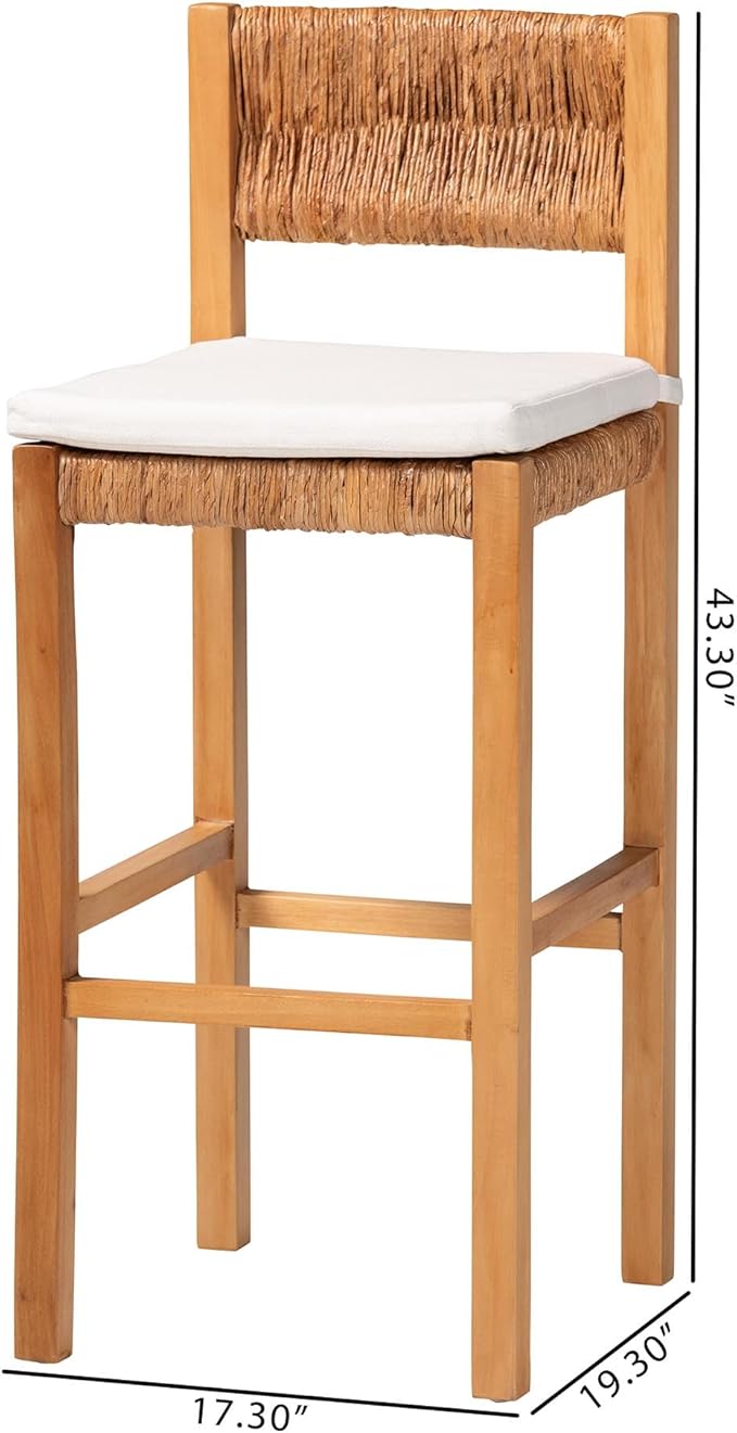 Bali & pari Pava Woven Seagrass Bar Stool - Solid Mahogany Wood Stool with Textured Back, Coastal Boho Seating for Kitchen or Lounge, Bar Height