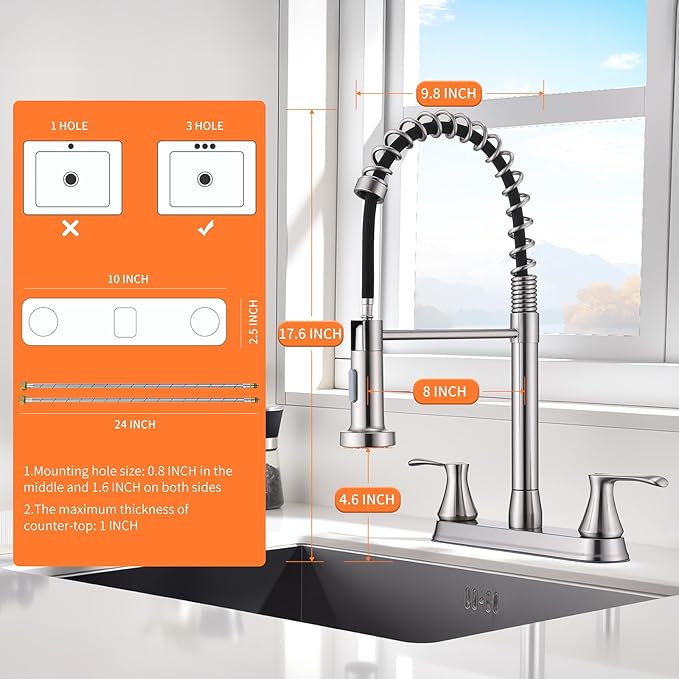 HOMELODY 2 Handles Kitchen Faucet with Pull Down Sprayer for 3 Hole Sink, 360° Rotating Spout Commercial 2 Handle Stainless Steel Kitchen Faucets with Deck Plate Brush Nickel