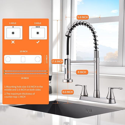 HOMELODY 2 Handles Kitchen Faucet with Pull Down Sprayer for 3 Hole Sink, 360° Rotating Spout Commercial 2 Handle Stainless Steel Kitchen Faucets with Deck Plate Brush Nickel