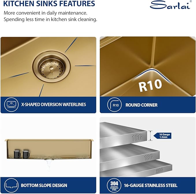 Sarlai 45 Gold Undermount Kitchen Sink - 45x19 Inch Gold Kitchen Sink Workstation Ledge NANO-Tech Sinks Round Corner 16 Gauge Stainless Steel Single Bowl Basin