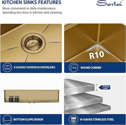 Sarlai 45 Gold Undermount Kitchen Sink - 45x19 Inch Gold Kitchen Sink Workstation Ledge NANO-Tech Sinks Round Corner 16 Gauge Stainless Steel Single Bowl Basin