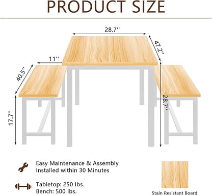 DKLGG Dining Table Set for 4, 47.2'' Kitchen Table with 2 Benches, 3 Piece Farmhouse Dining Room Table Set, Space-Saving Dinette for Kitchen, Dining Room, Apartment, Metal Frame & MDF Board