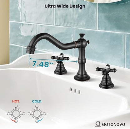 gotonovo Bathroom Faucet 3 Hole 8 Inch Widespread Bathroom Sink Faucet 2 Cross Handles Vintage Lavatory Vanity Mixer Tap with Pop Up Drain, H C Label, Oil Rubbed Bronze