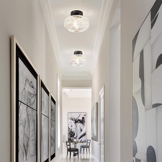 Semi Flush Mount Ceiling Light Fixture Black,Vintage Hallway Light Fixture Ceiling,Globe Glass Light Fixtures Ceiling Mount,Farmhouse Pendant Lamp for Kitchen Entryway Bathroom,Bulb Not Included