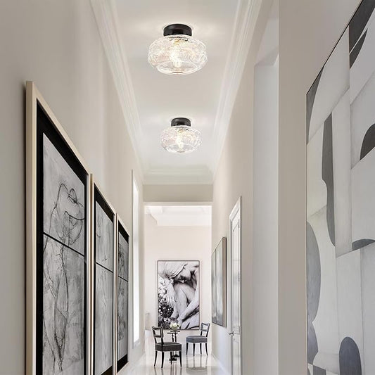 Semi Flush Mount Ceiling Light Fixture Black,Vintage Hallway Light Fixture Ceiling,Globe Glass Light Fixtures Ceiling Mount,Farmhouse Pendant Lamp for Kitchen Entryway Bathroom,Bulb Not Included