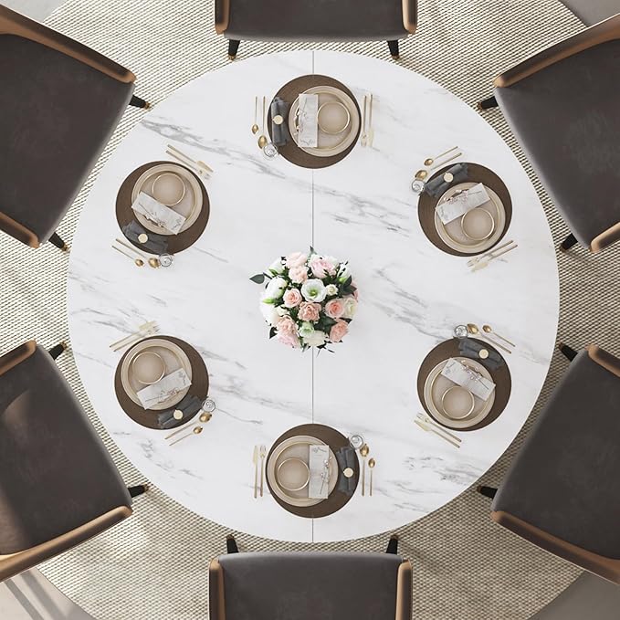 IBF 47" Round Dining Table with Storage, White Faux Marble Kitchen Tables for 4-6 People, Modern Dining Room Table with Fridge Space, Wood Circle Dinner Tables for Home, White Marble, Only Table