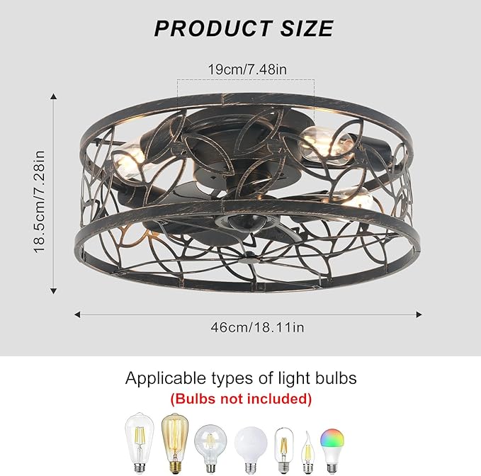 Garwarm Caged Ceiling Fan with Light,18in Rustic Industrial Ceiling Fans with Lights and Remote,Bladeless Fandelier Ceiling Fan,Small Flush Mount Ceiling Fan for Kitchen,Bedroom(6 Speed,Timing)-Bronze