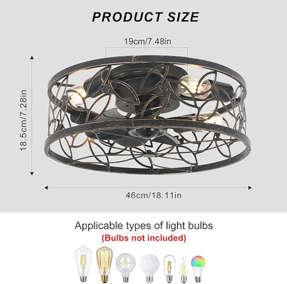 Garwarm Caged Ceiling Fan with Light,18in Rustic Industrial Ceiling Fans with Lights and Remote,Bladeless Fandelier Ceiling Fan,Small Flush Mount Ceiling Fan for Kitchen,Bedroom(6 Speed,Timing)-Bronze