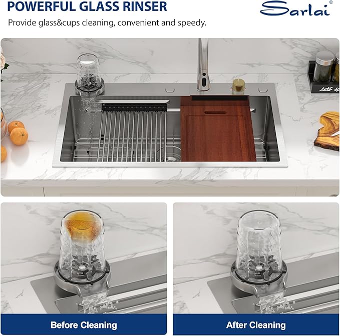 Sarlai Waterfall Kitchen Sink - 33x19 Drop In Sink 33 Inch Topmount Workstation Stainless Steel 16 Gauge Single Bowl Waterfall Kitchen Sink Handmade with Faucet & Glass Rinser