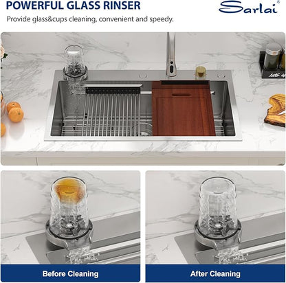 Sarlai Waterfall Kitchen Sink Drop In - 33 Inch Waterfall Drop Workstation 33 x 19 Inch Stainless Steel 16 Gauge Multifunction Single Bowl Smart Top Mount Kitchen Sink with Faucet Combo