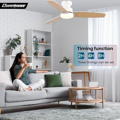42 Inch Ceiling Fans with Lights and Remote, Bedroom Living Room Office, Flush Mount, 3CCT Dimmable, Dual Color 3 Blades 6 Speed Reversible Quiet DC Motor, White/Wood Grain, 2 Pack