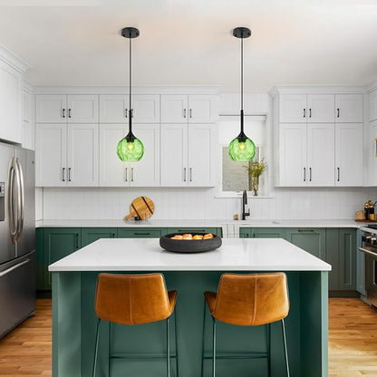 JHLBYL Glass Pendant Lights Kitchen Island: 5.91'' 1-Light Green Hammered Glass Pendant Light with Black Finish - Modern Minimalist Hanging Light Fixture for Kitchen Sink Dining Room - E26 Base
