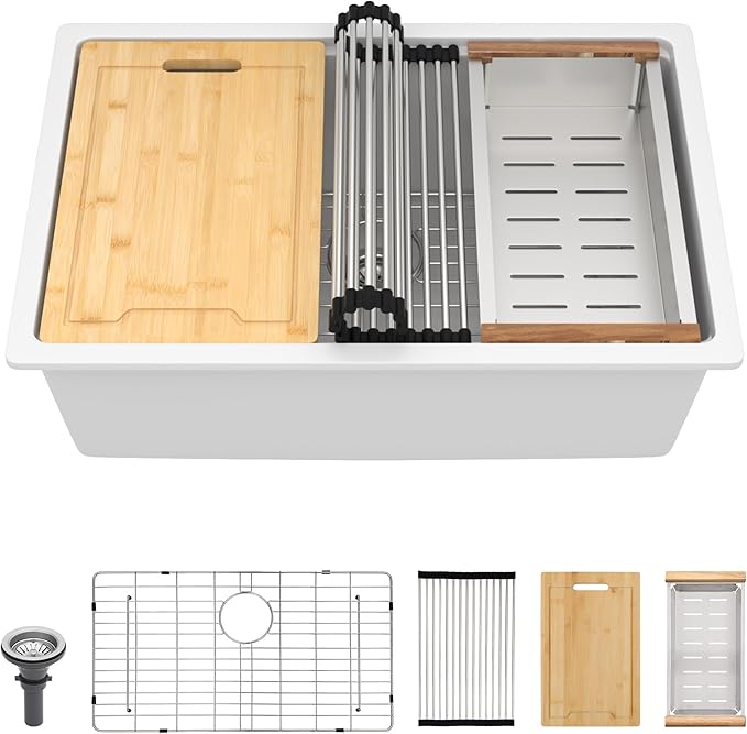 Lordear 28 White Undermount Kitchen Sink Composite Granite Sink 28x19 Inch Quartz Sinks Workstation Under Counter Kitchen Sinks