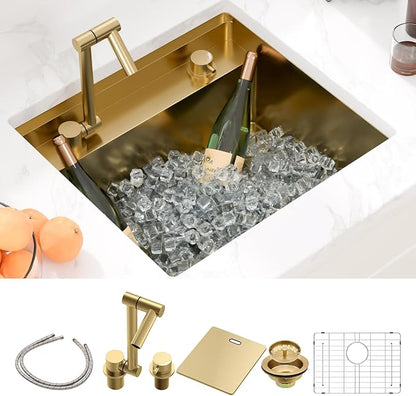 Sarlai Outdoor Sink, 21x19 Inch Gold Undermount Kitchen Sink Workstation with Foldable Faucet Bar Prep Single Bowl Gold Kitchen Sinks16 Gauge Stainless Steel BBQ Sinks with Cover 21"x19"x9“