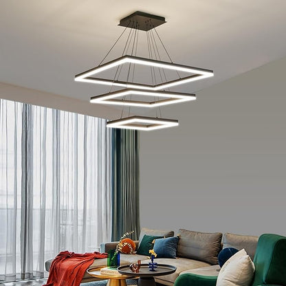 Modern LED Chandelier, 3 Ring Square LED Pendant Ceiling Light, Dimmable Foyer Chandelier Lighting Fixture, Adjustable Height Over Table Hanging Light for Living Dining Room, Bedroom, Study Room