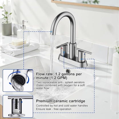Hurran 4 Inch Bathroom Faucet for Sink 3 Hole, Brushed Nickel Bathroom Faucet with Pop-up Drain and 2 Supply Hoses,Stainless Steel Lead-Free 2-Handle Centerset Faucet for Sink Vanity RV