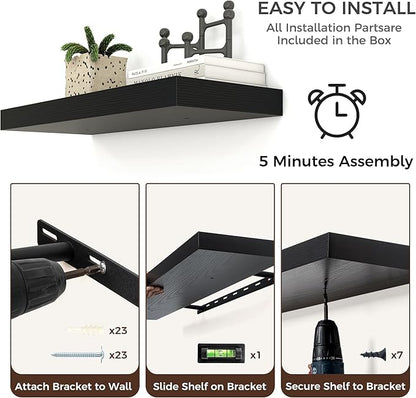 Venusmiles Floating Shelves for Wall, Engineered Wood Wall Shelves with Invisible Brackets for Living Room Bedroom Bathroom Office Kitchen Decor and Storage (Black, 48" W x 9" D x 1.5" H) Set of 2