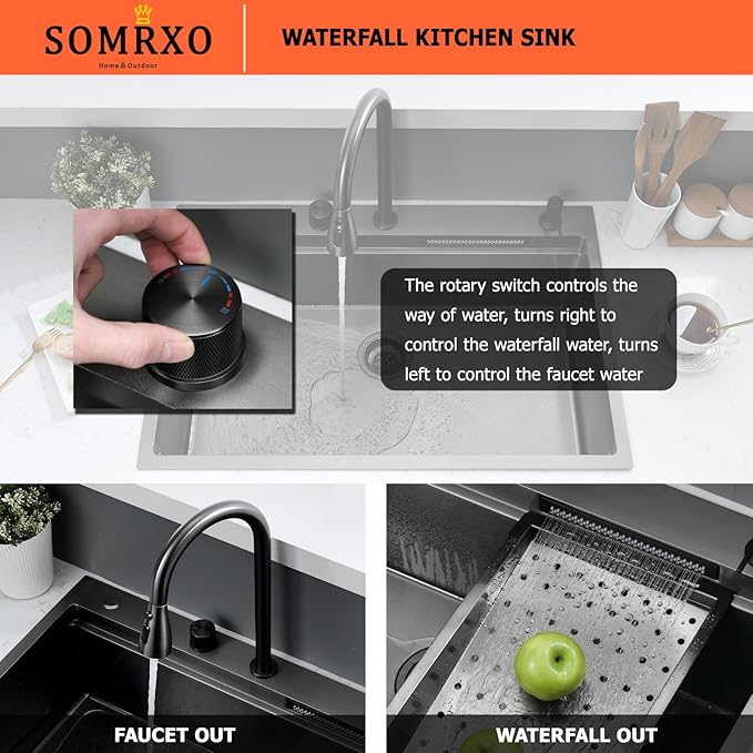 33×22 Black Waterfall Sink with Faucet Combo - 33×22 Drop In Sink with Faucet,16 Gauge Black Stainless Steel Waterfall Kitchen Sinks,10 Inch Deep Single Bowl Workstation Smart Kitchen Sinks