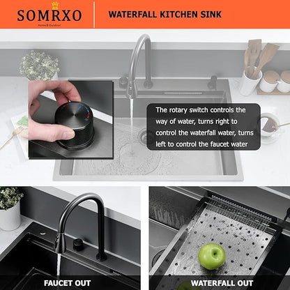 33×22 Black Waterfall Sink with Faucet Combo - 33×22 Drop In Sink with Faucet,16 Gauge Black Stainless Steel Waterfall Kitchen Sinks,10 Inch Deep Single Bowl Workstation Smart Kitchen Sinks