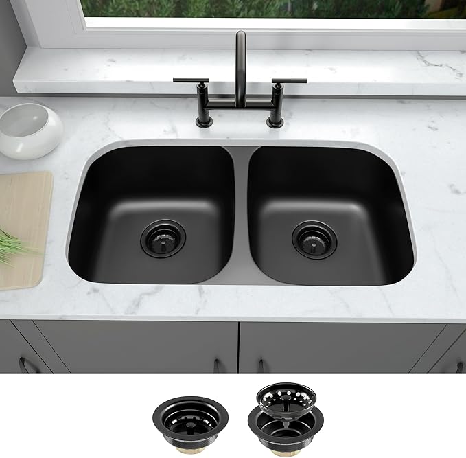 LQS 32 Inch Black Kitchen Sink, Double Bowl Kitchen Sink, Undermount Kitchen Sink Stainless Steel, Black Oval Kitchen Sink with Sleek Roun Corner for Easy Cleaning and Two Sink Strainers