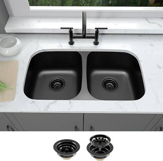 LQS 32 Inch Black Kitchen Sink, Double Bowl Kitchen Sink, Undermount Kitchen Sink Stainless Steel, Black Oval Kitchen Sink with Sleek Roun Corner for Easy Cleaning and Two Sink Strainers